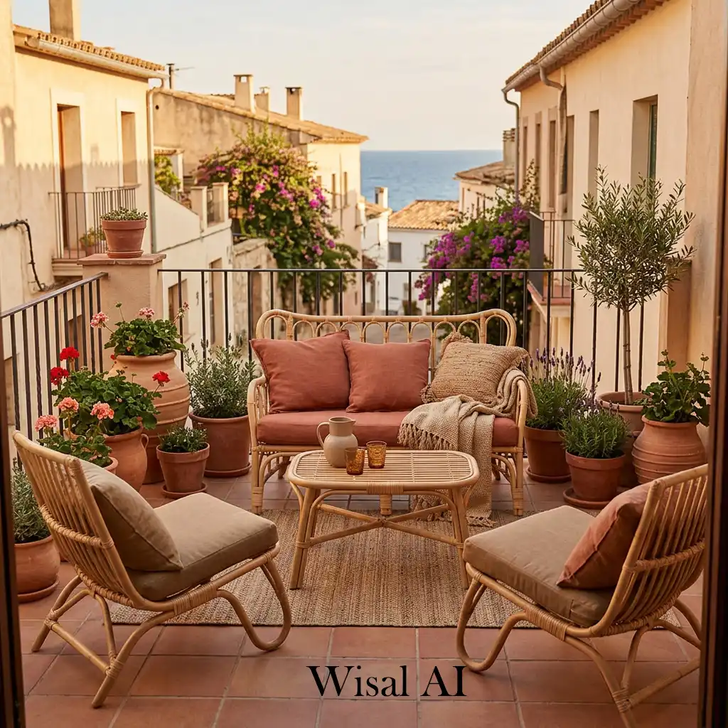 Woven rattan furniture on terracotta-inspired Mediterranean balcony