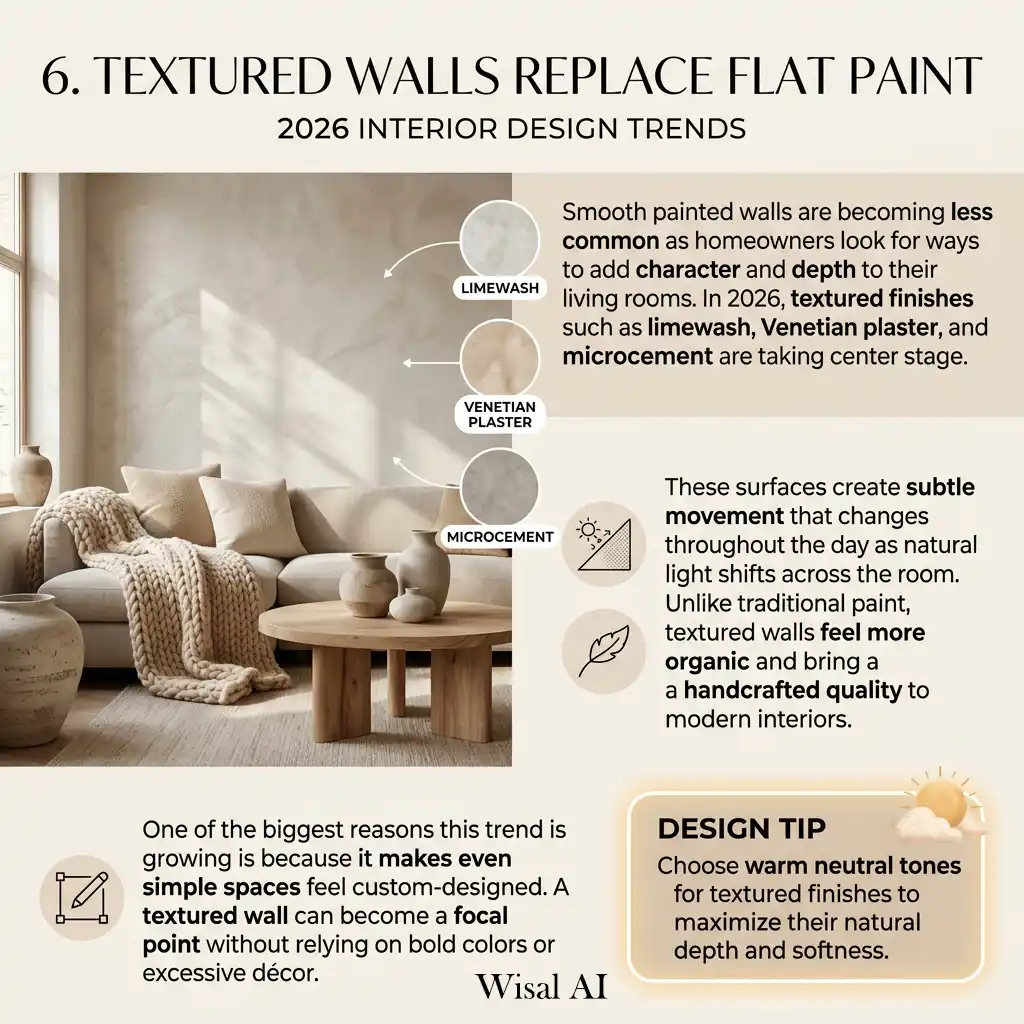Textured living room walls with limewash finish and warm tones