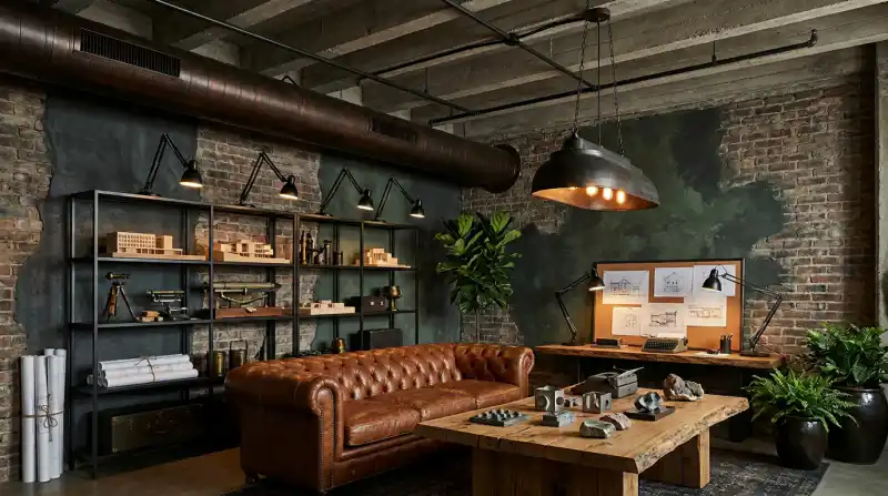 16. The Architect’s Study: A Curated Moody Industrial Living Room Idea
