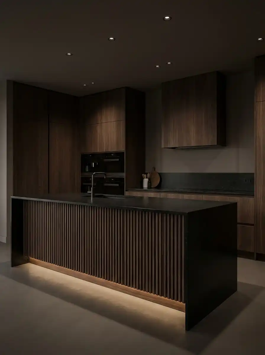 6. The Fluted Wood Island & Noir Granite Kitchen