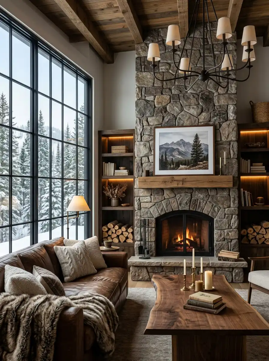 16. The Forest-View Fireside: A Cinematic Farmhouse Living Room Idea