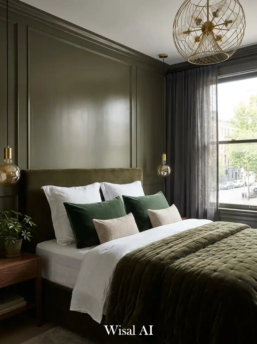 6. Urban Glow: A Refined Dark Olive Bedroom Idea