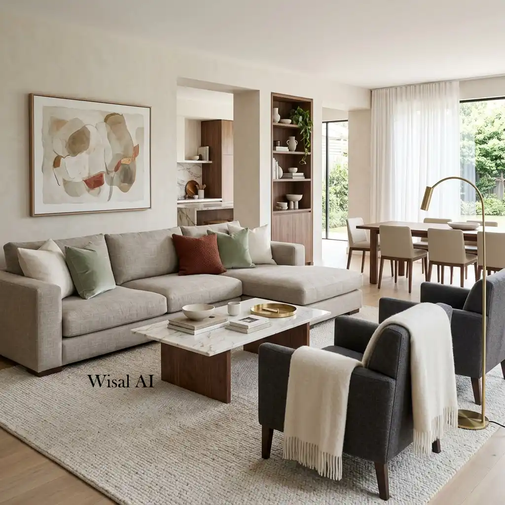 Neutral living room color palette with white oak furniture and soft earth tones.