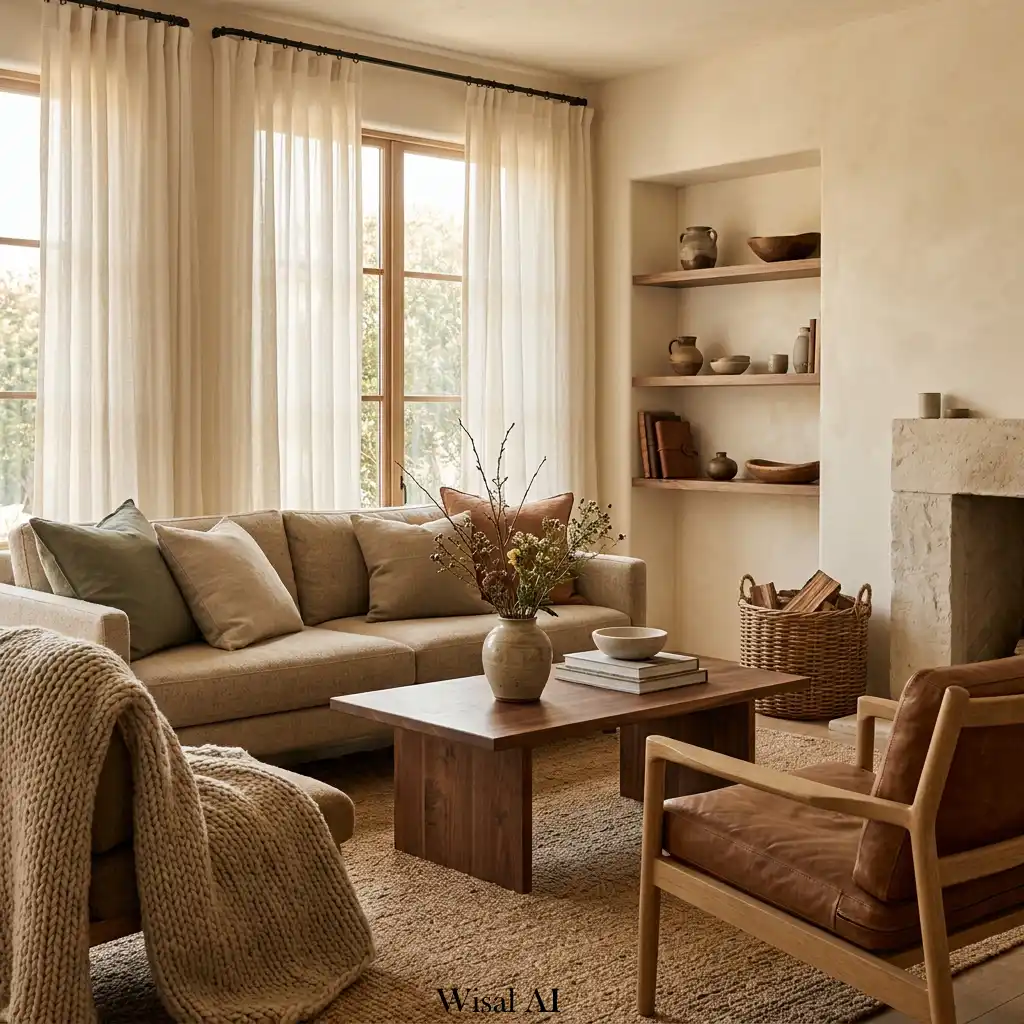 Elegant home interior featuring natural wood, linen, and stone materials throughout.
