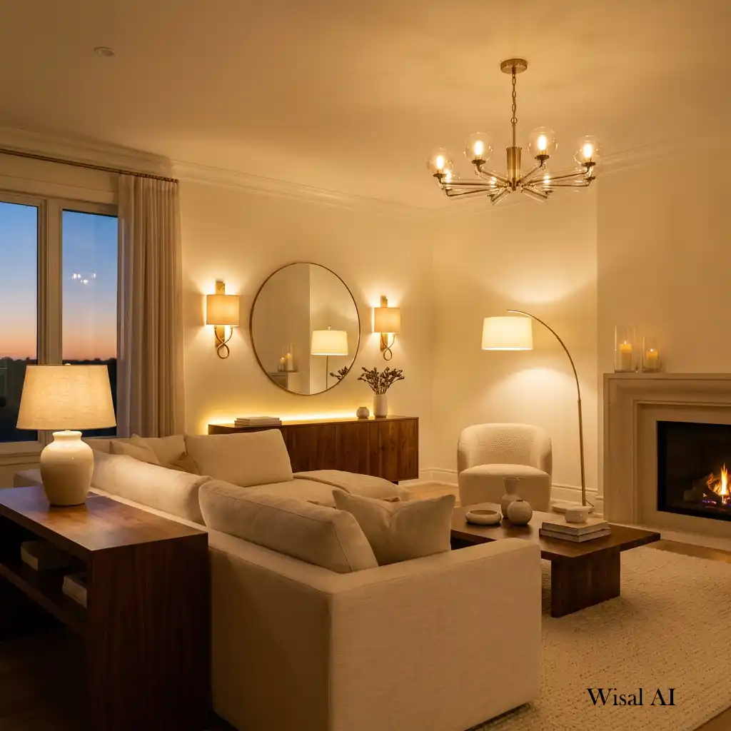 Walnut and cream living room with warm layered lighting.