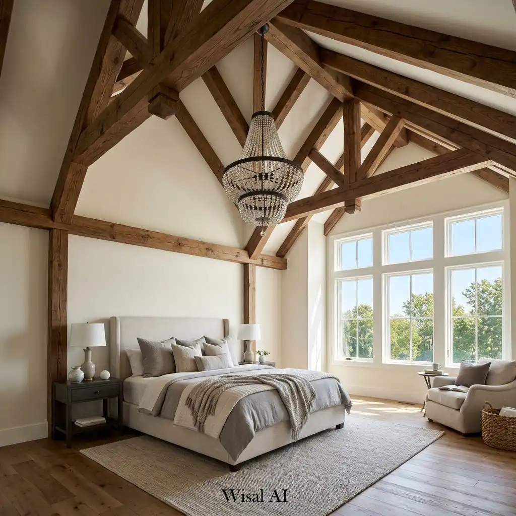Spacious bedroom with a vaulted ceiling and exposed natural wood beams.