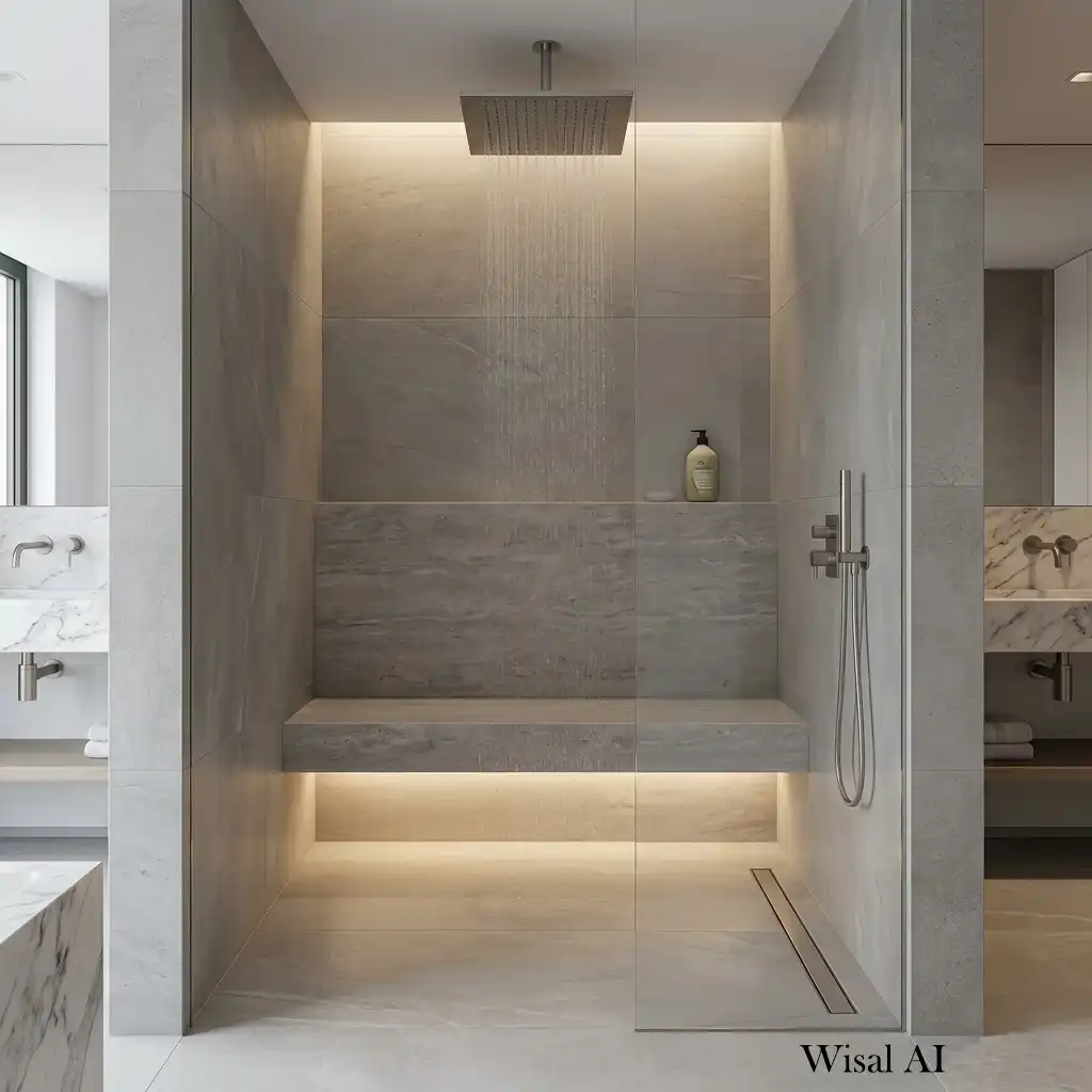 Contemporary walk-in shower with a floating stone bench and concealed LED lighting.