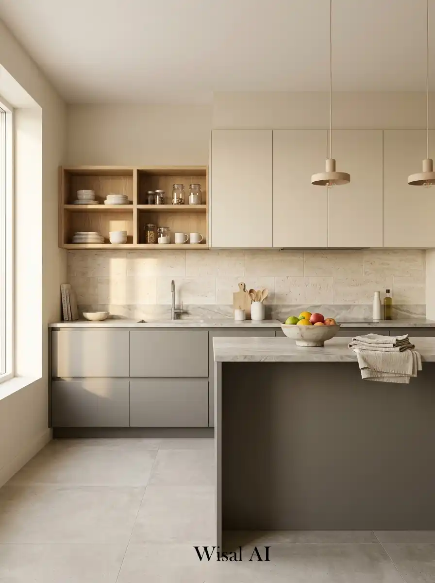 Layered kitchen design with warm gray structure and soft beige tones in a balanced neutral style.