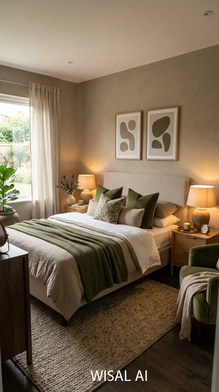 6. Warm Taupe and Moss Green Comfort Bedroom