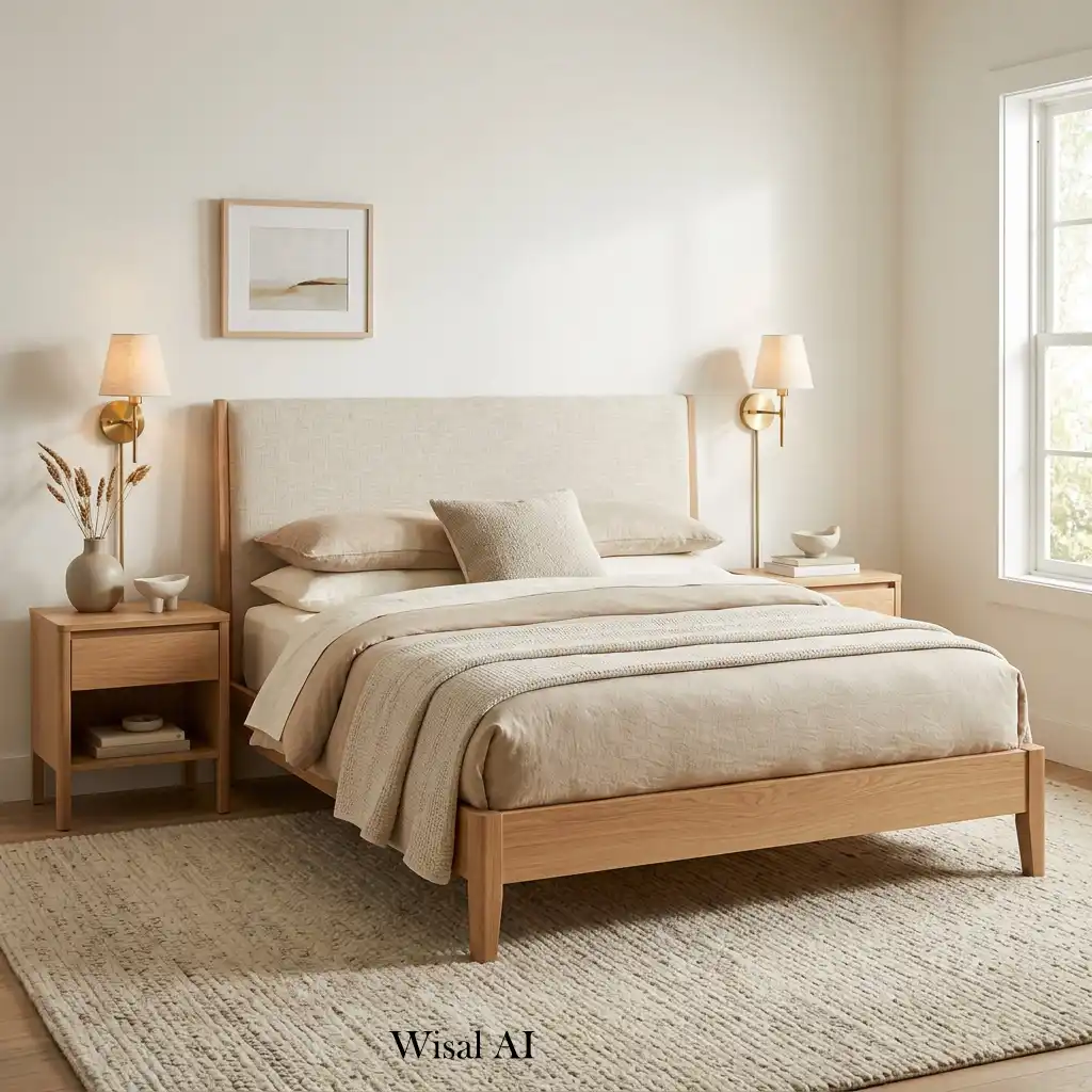 White oak bedroom with an upholstered linen headboard and matching nightstands.