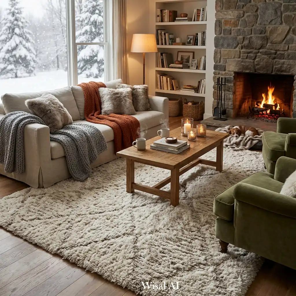 Warm living room with a plush area rug and layered winter textures.