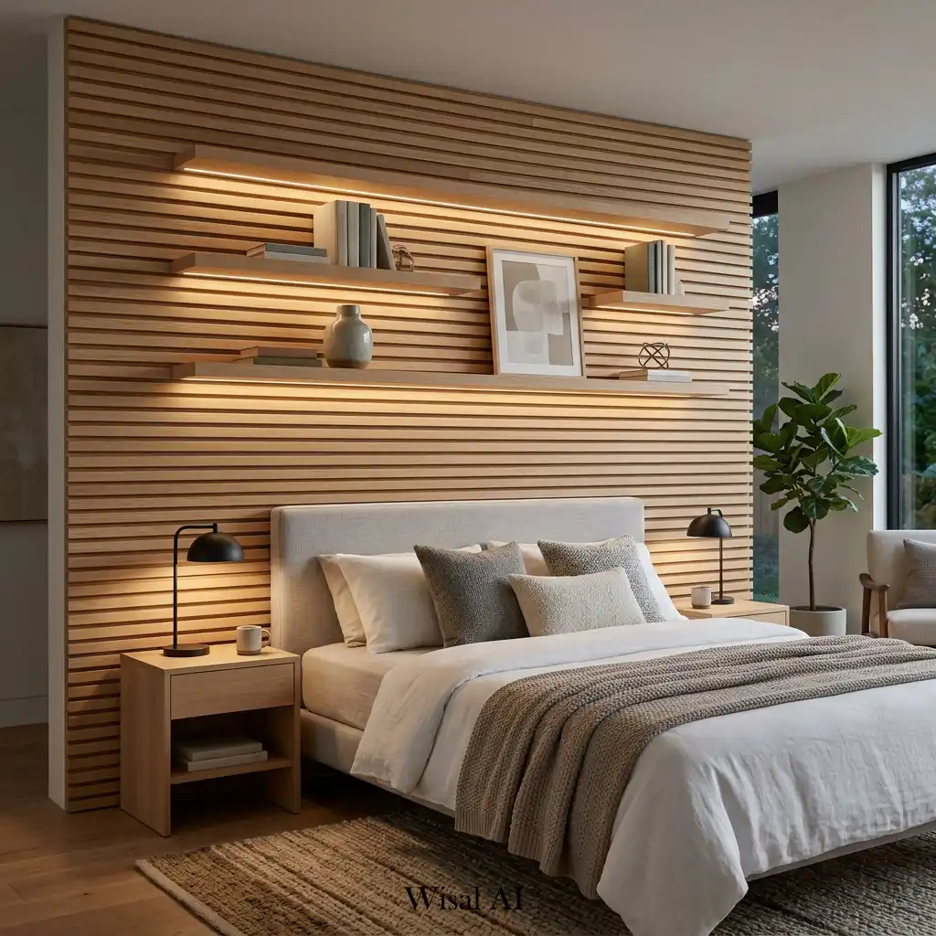 Bedroom with a wood slat accent wall and built-in floating shelves.