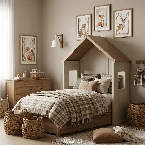 Woodland cottage kids bedroom with wooden house bed frame and warm rustic textures