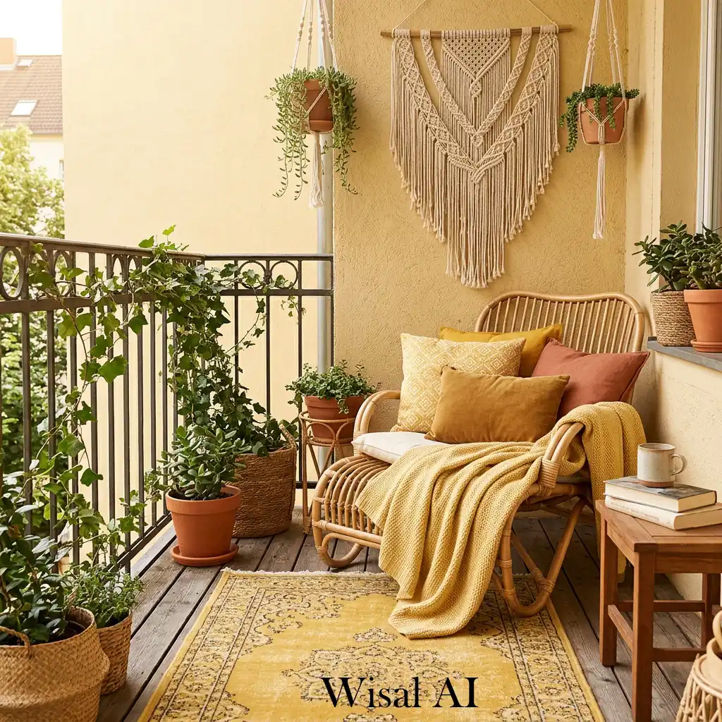 Boho yellow balcony with woven furniture, rattan decor, and natural style