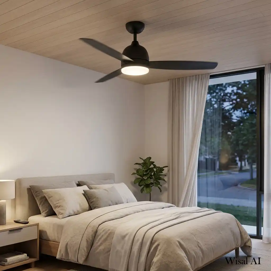 Quiet modern ceiling fan installed above a contemporary bedroom.