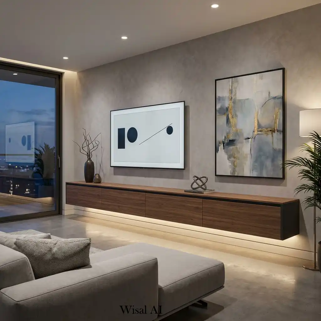 Floating TV unit with hidden storage and integrated LED lighting.