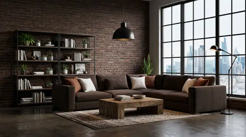 27. A Moody Industrial Living Room Idea: Modern Velvet, Sleek Furniture, and Urban Views