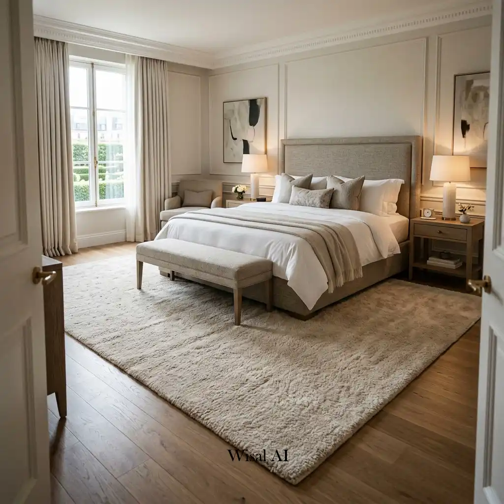 Designer bedroom featuring oversized area rug beneath luxurious upholstered bed frame beautifully.