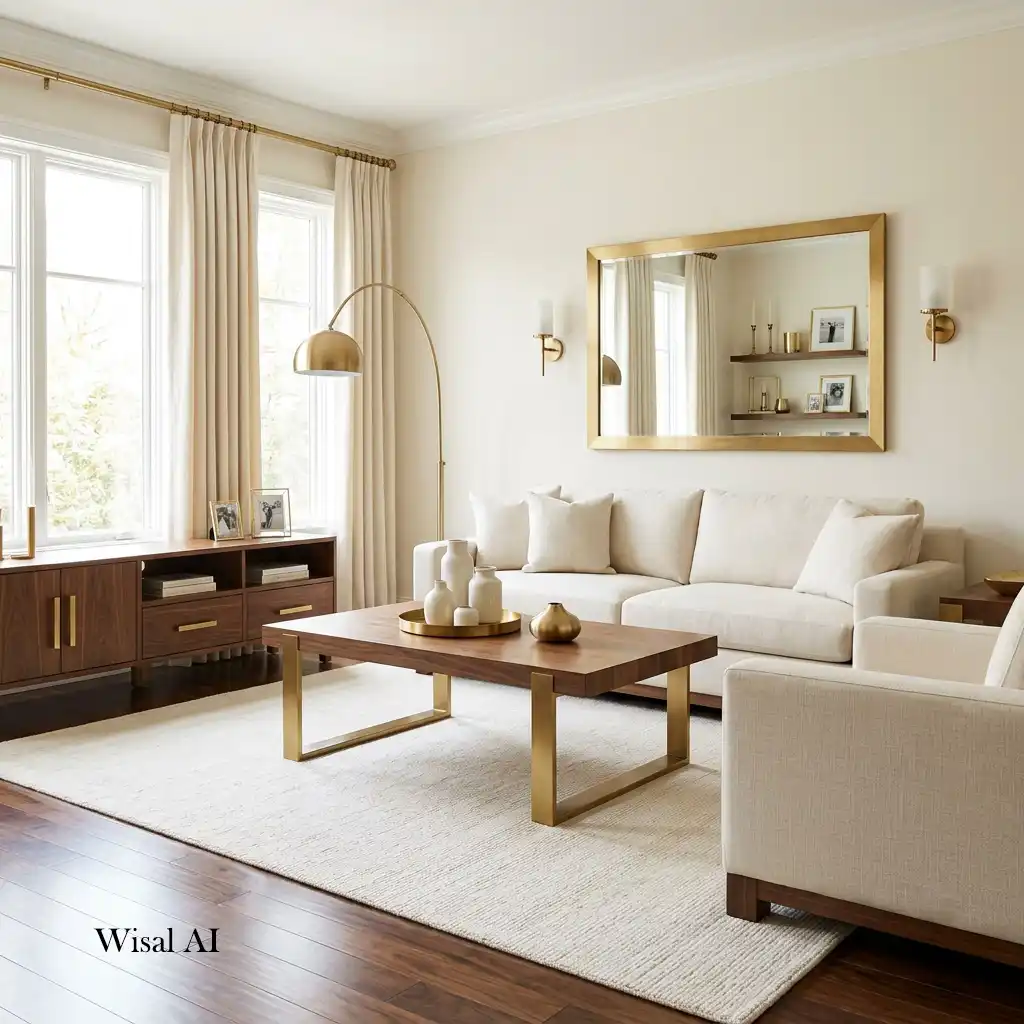 Elegant living room with walnut furniture and brass accents.