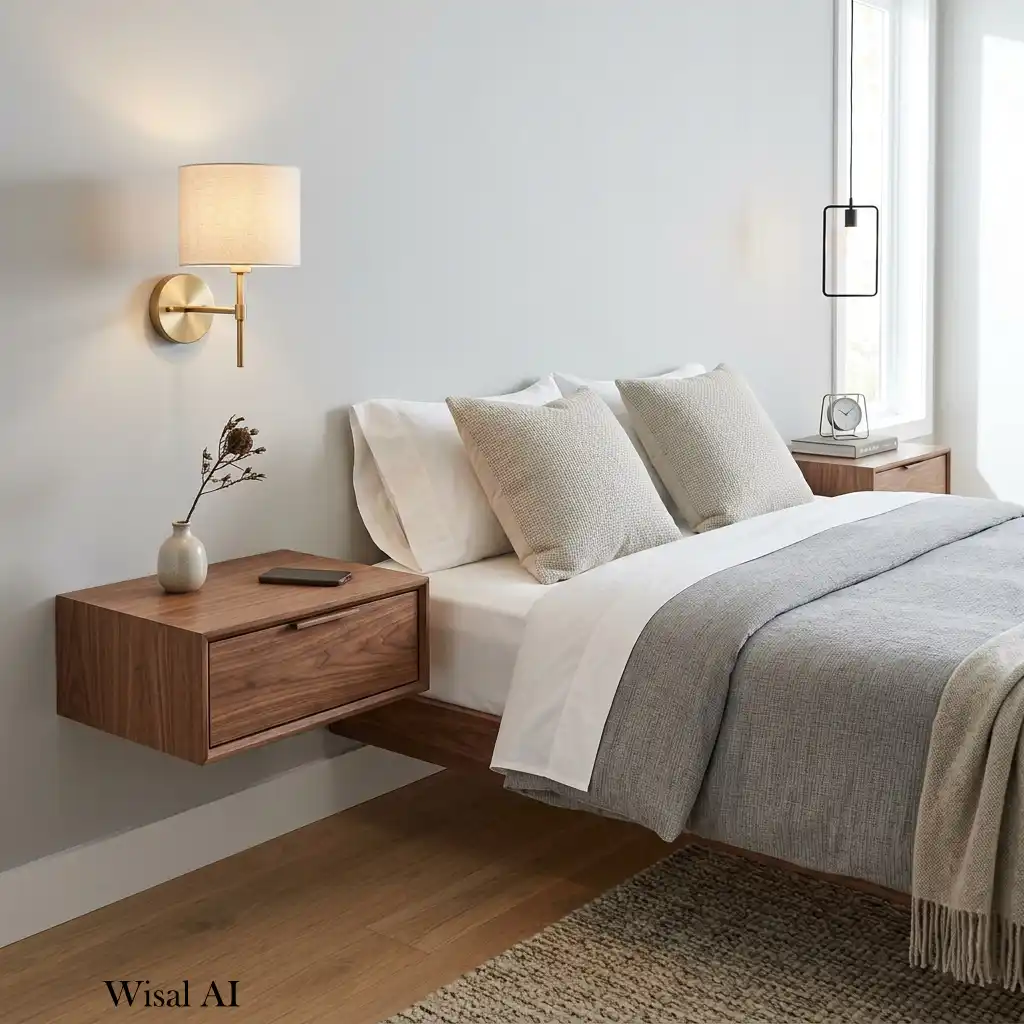 Floating bedside tables with wall-mounted reading sconces.