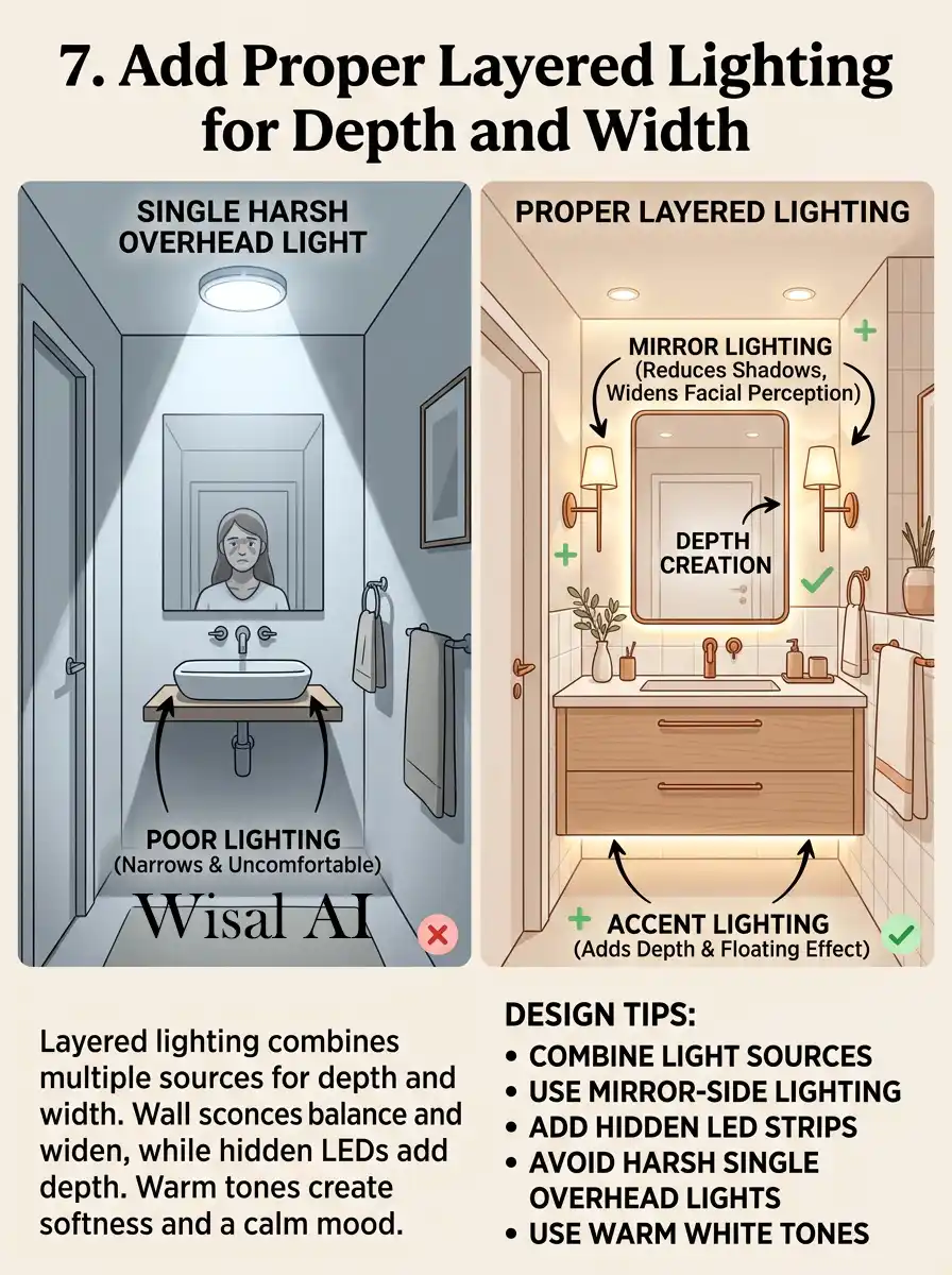 7. Layered lighting adds depth and bathroom brightness