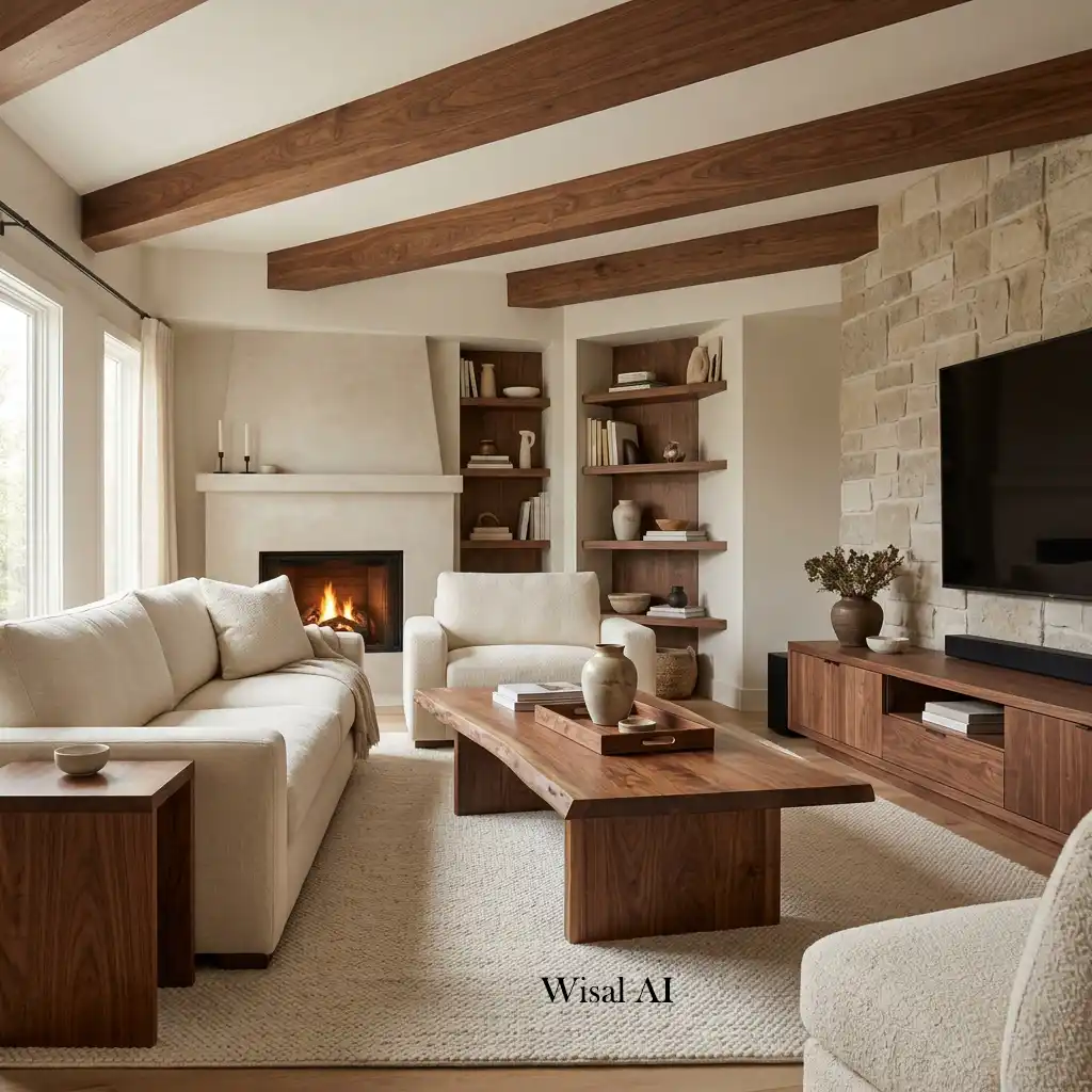Warm oak and walnut furniture styled in a quiet luxury living room.