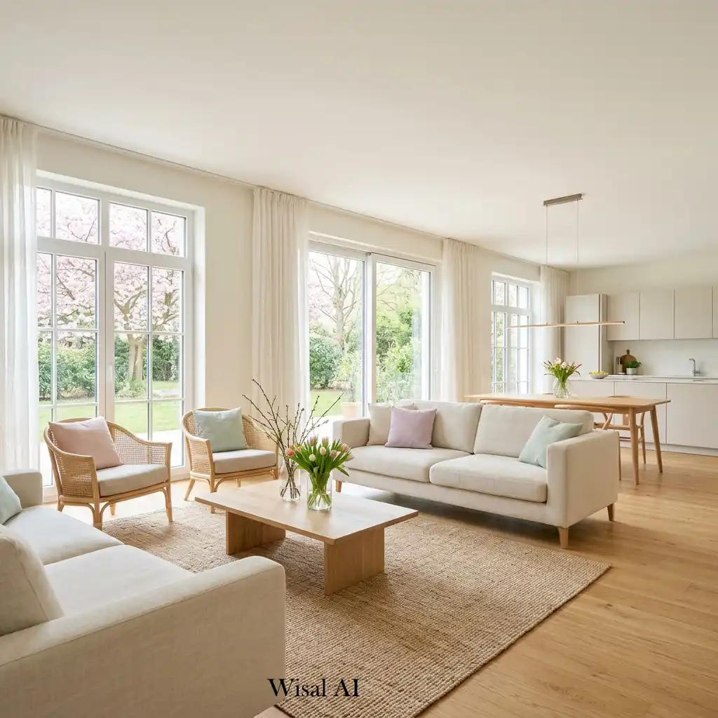 Open layout spring living room with spacious airy design flow.
