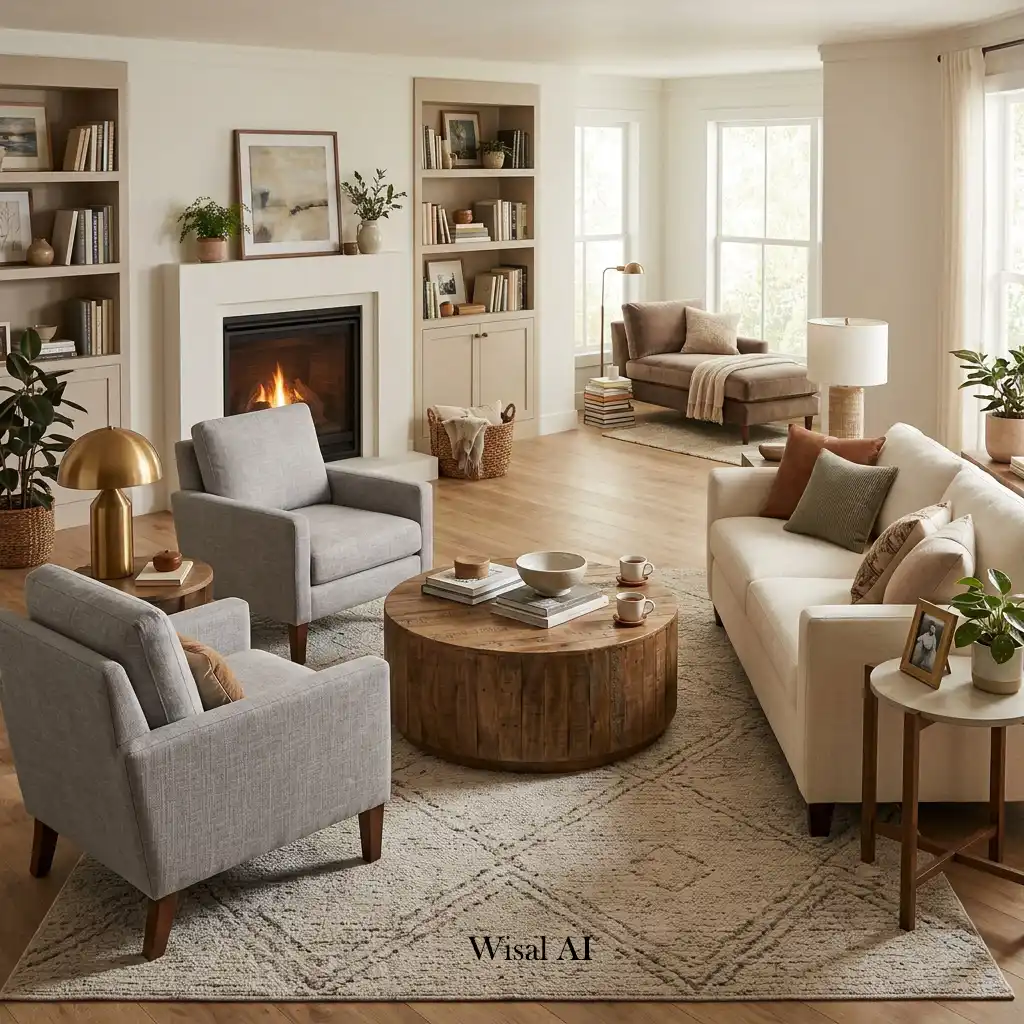 Comfortable living room with furniture arranged for conversation and easy movement.