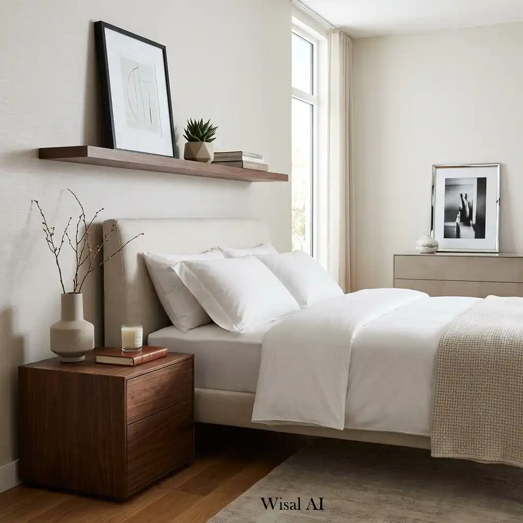 Minimalist bedroom with uncluttered nightstands and carefully curated decorative accessories.