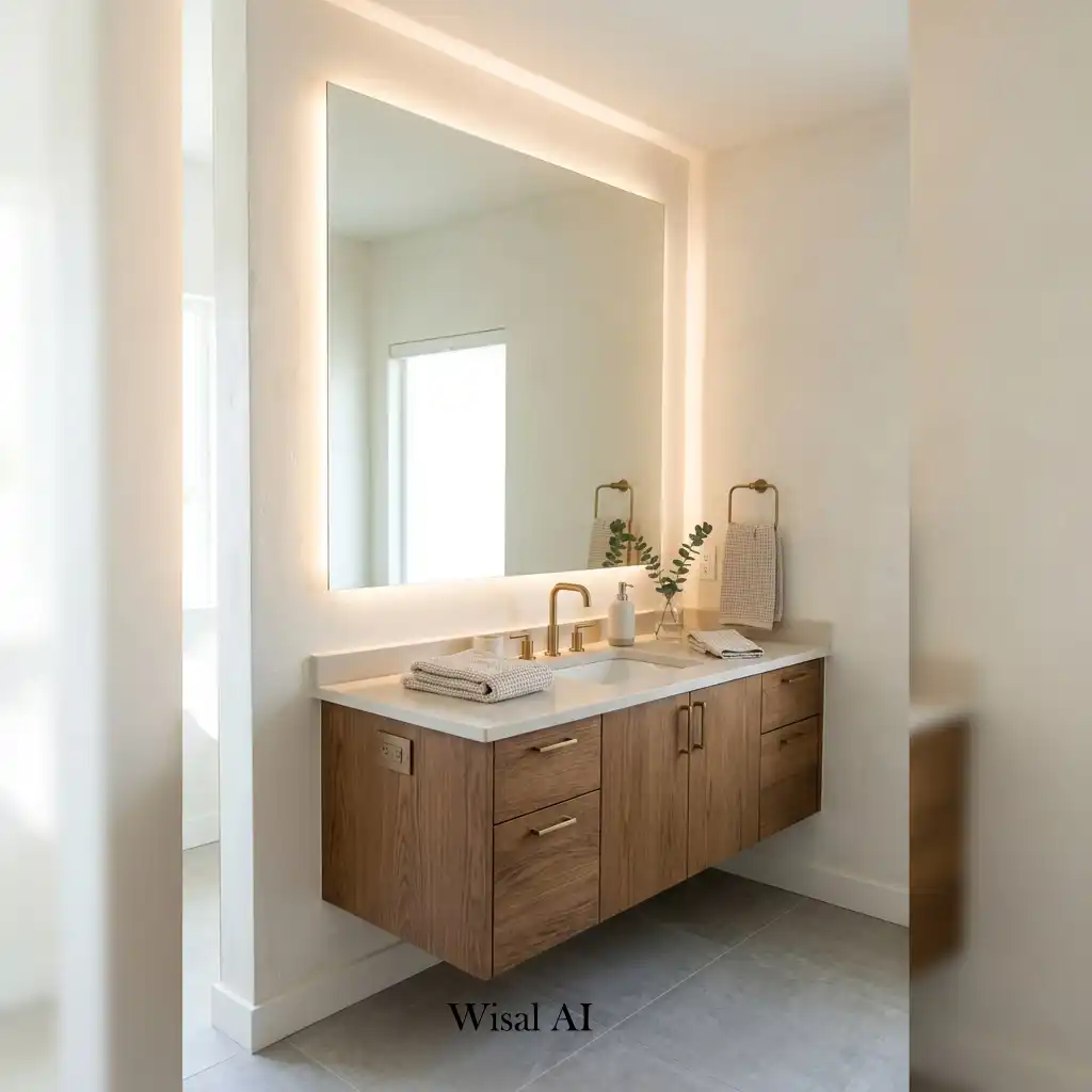 Bathroom vanity with a full-height LED backlit mirror and white oak cabinets.