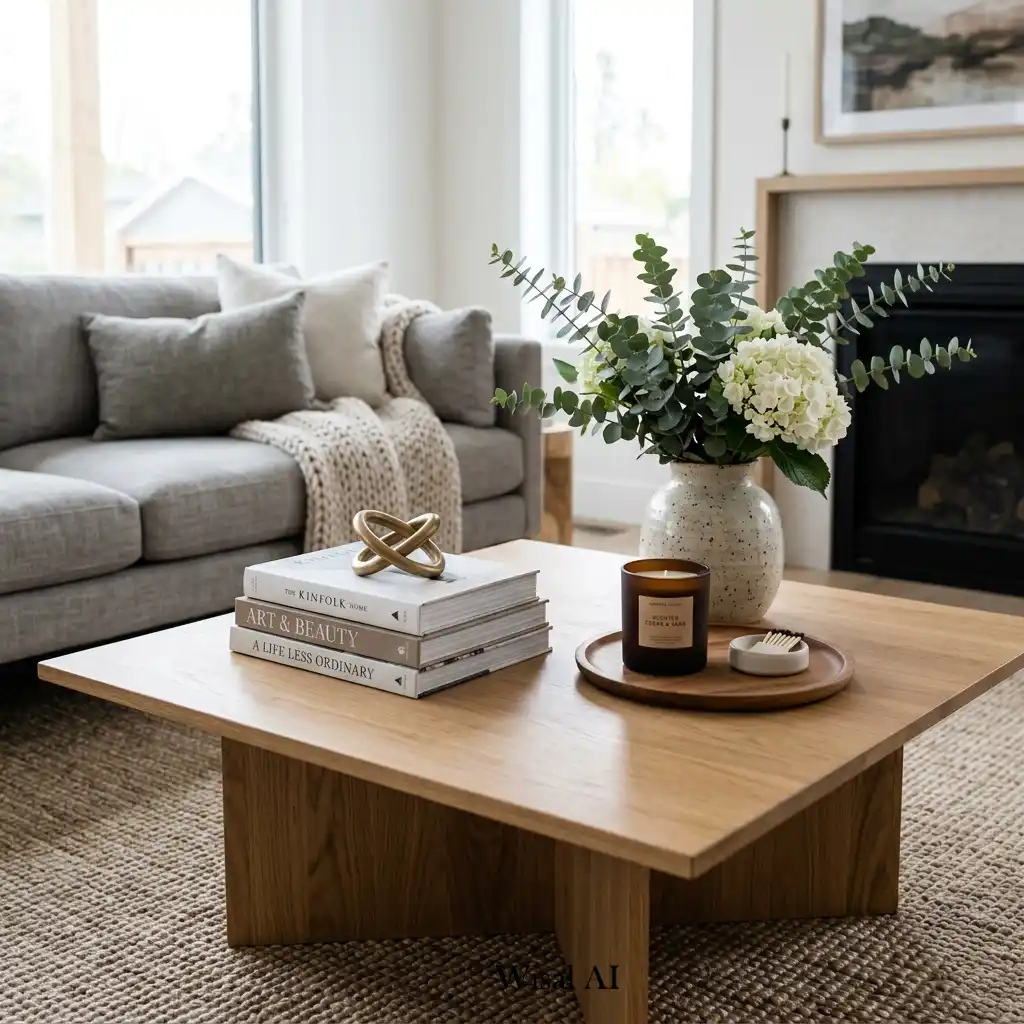 Designer coffee table styled with books, candles, ceramic décor, and fresh flowers.