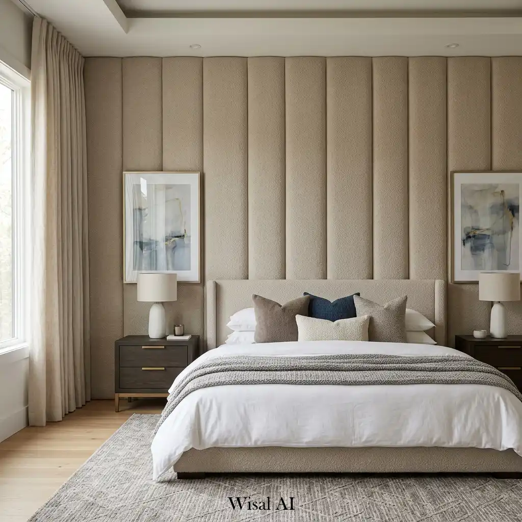 Luxury bedroom with large upholstered wall panels in neutral fabric.