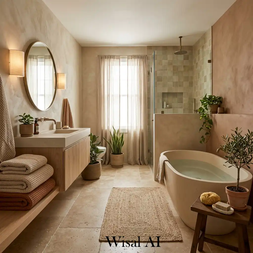 Sand tone and beige layered earthy spa bathroom interior