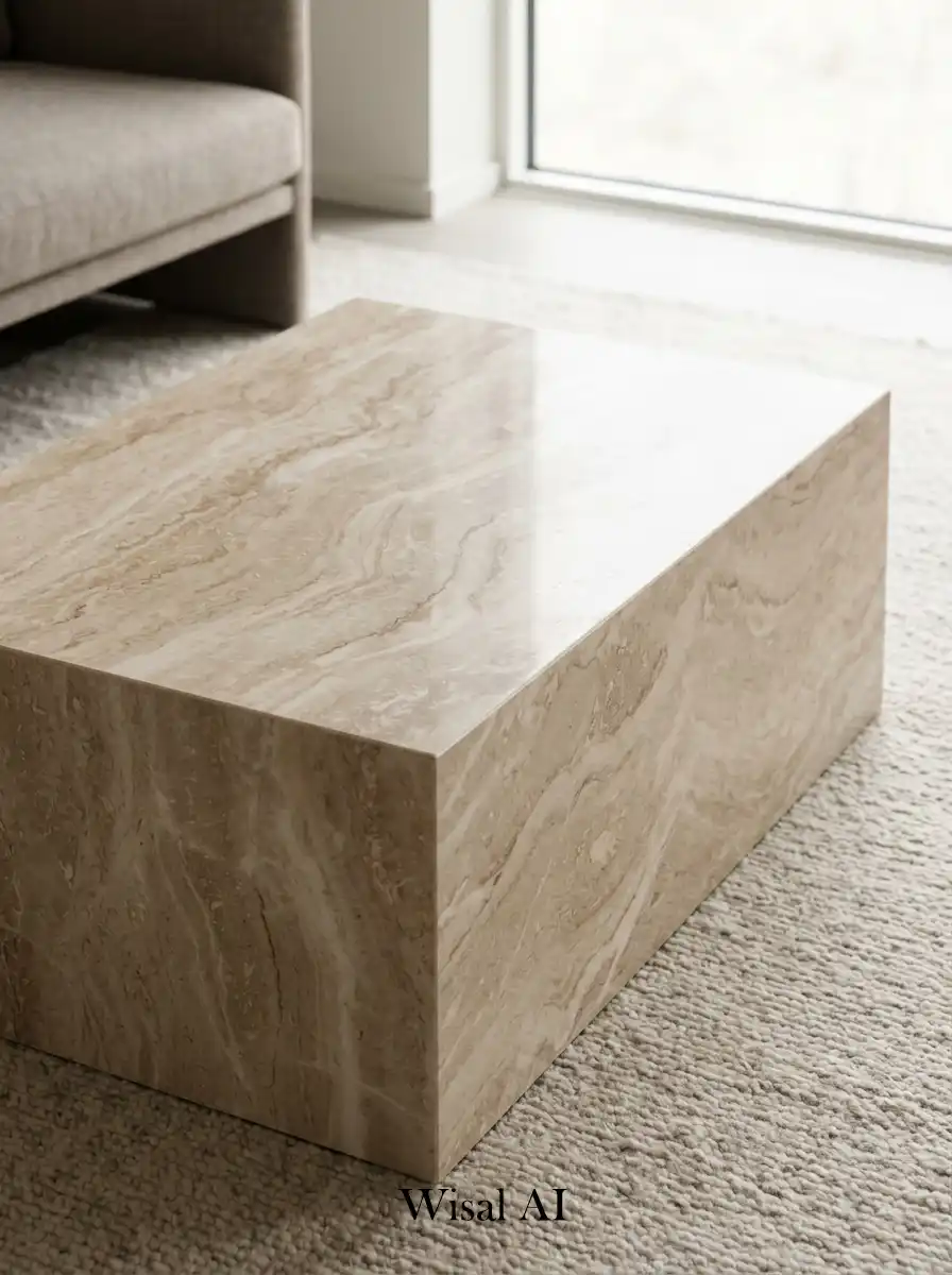 Luxury living room featuring beige marble coffee table charcoal accents and elegant modern interior composition.