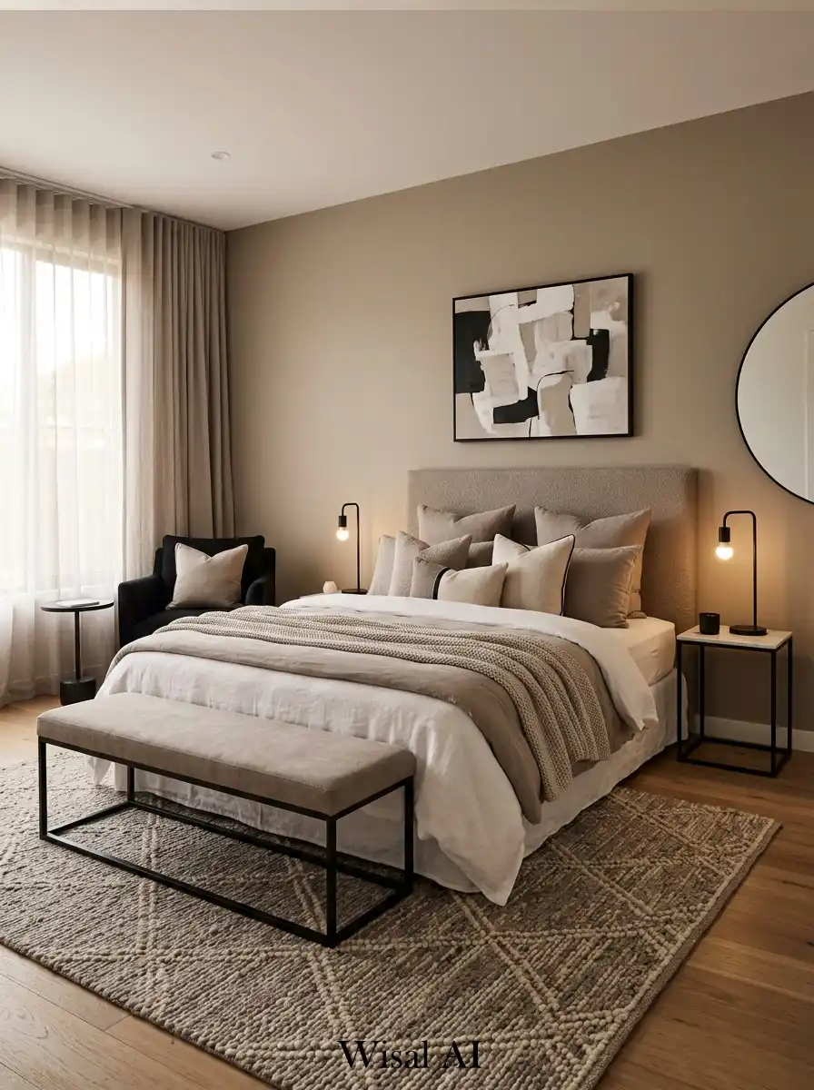 Modern bedroom with taupe walls and black accents creating a soft balanced luxury aesthetic.