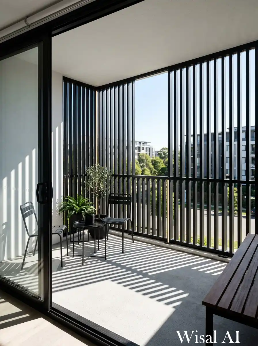 Architectural black balcony with vertical slats casting dynamic light and shadow patterns throughout the space.