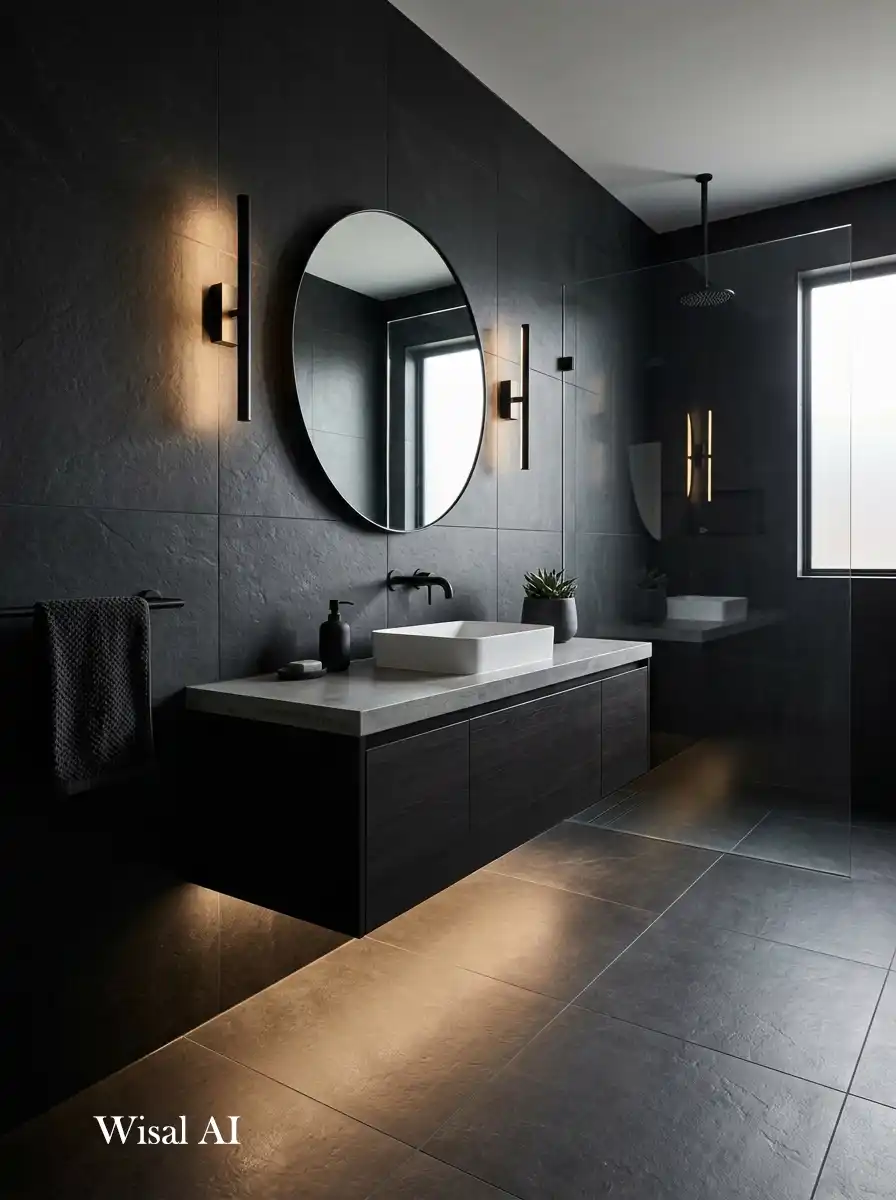 Modern black bathroom with floating vanity creating a light and spacious minimal look.