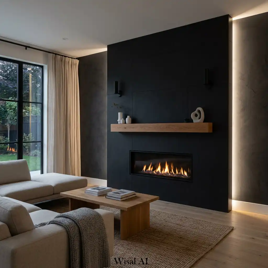 Black fireplace feature wall creating a bold focal point in a modern interior