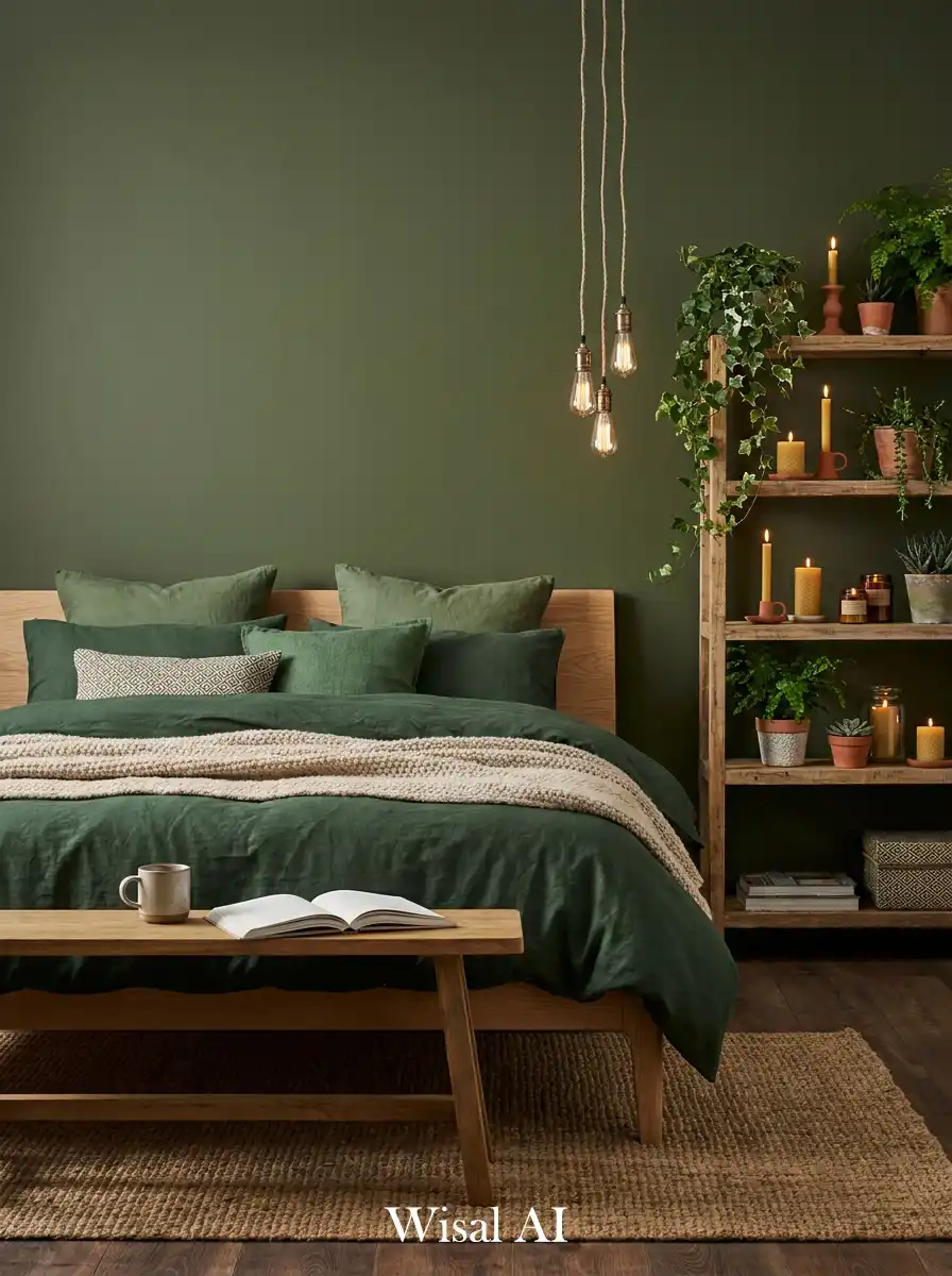 7. Bohemian Forest: A Natural Dark Olive Bedroom Idea