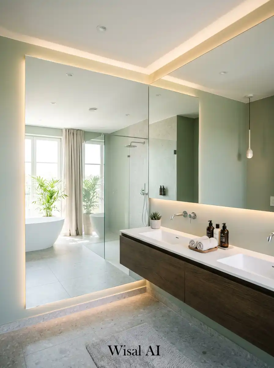Oversized mirror wall bathroom creating brighter and more luxurious hotel atmosphere