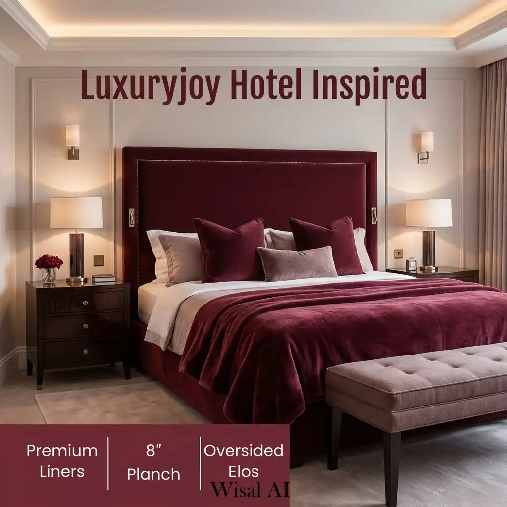 Hotel-inspired burgundy bedroom with plush bedding and sophisticated styling