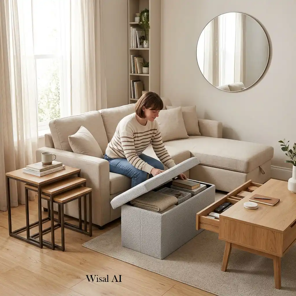 Smart living room furnished with multifunctional furniture and hidden storage solutions.