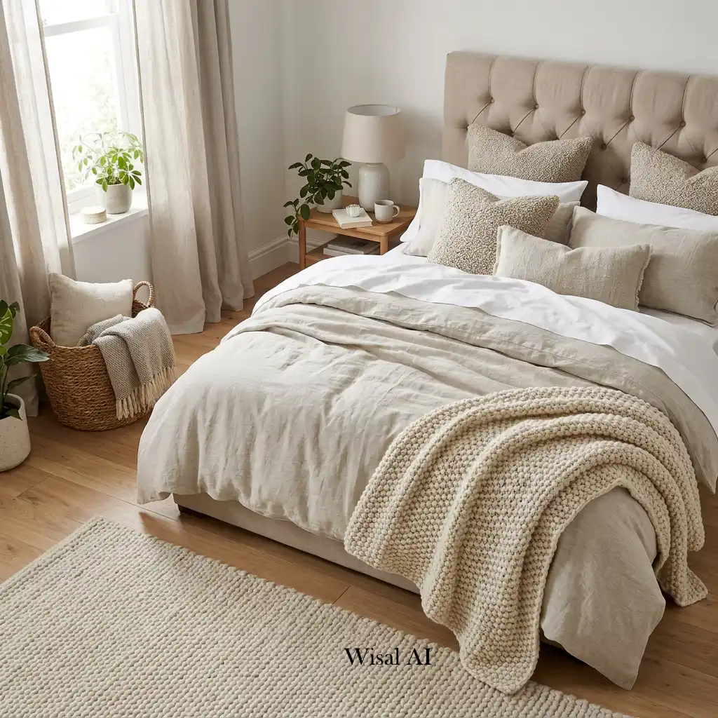 Cozy bedroom layered with soft textures including linen bedding, wool rugs, knit throws, and upholstered furniture.