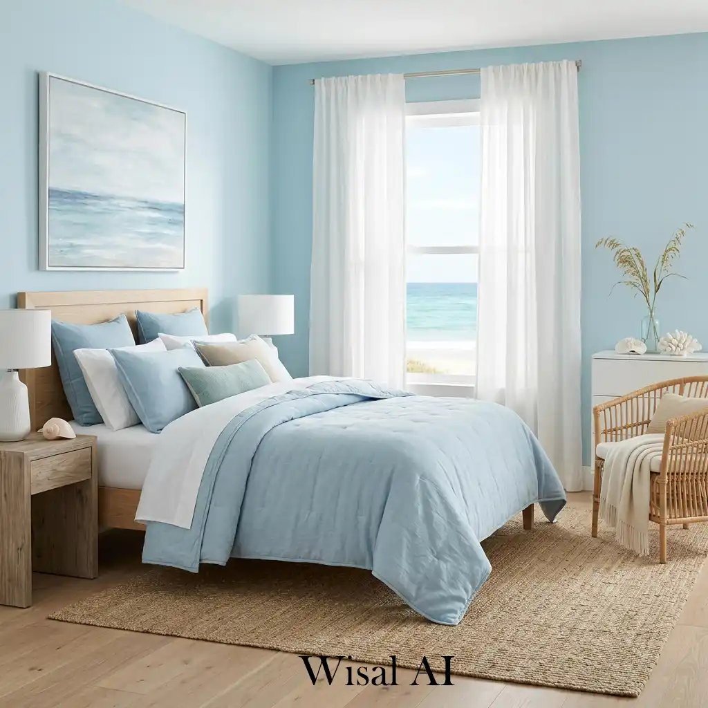 Coastal blue bedroom inspired by sea and beach atmosphere