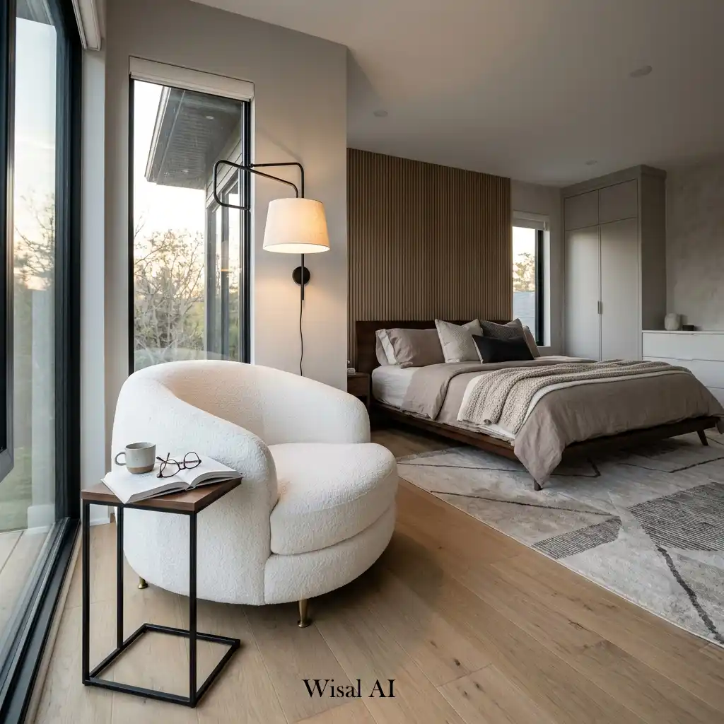 Elegant bedroom with a sculptural curved accent chair and modern décor