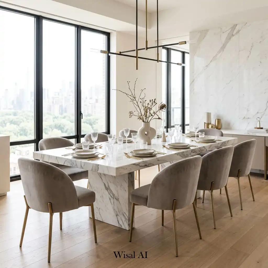 Contemporary dining room featuring a marble dining table and sophisticated décor