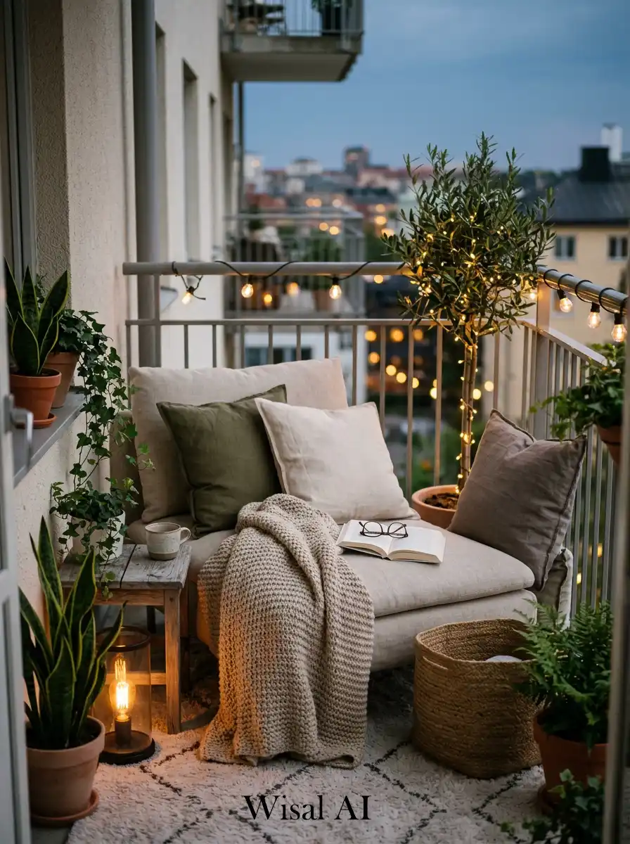 Comfortable balcony reading corner with lounge seating, soft textiles, and warm lighting.