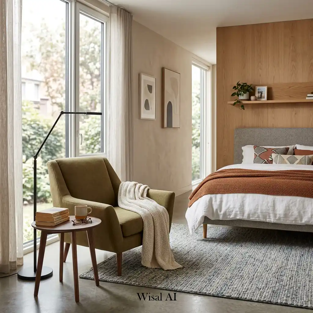 Modern bedroom with a comfortable reading nook and warm lighting.