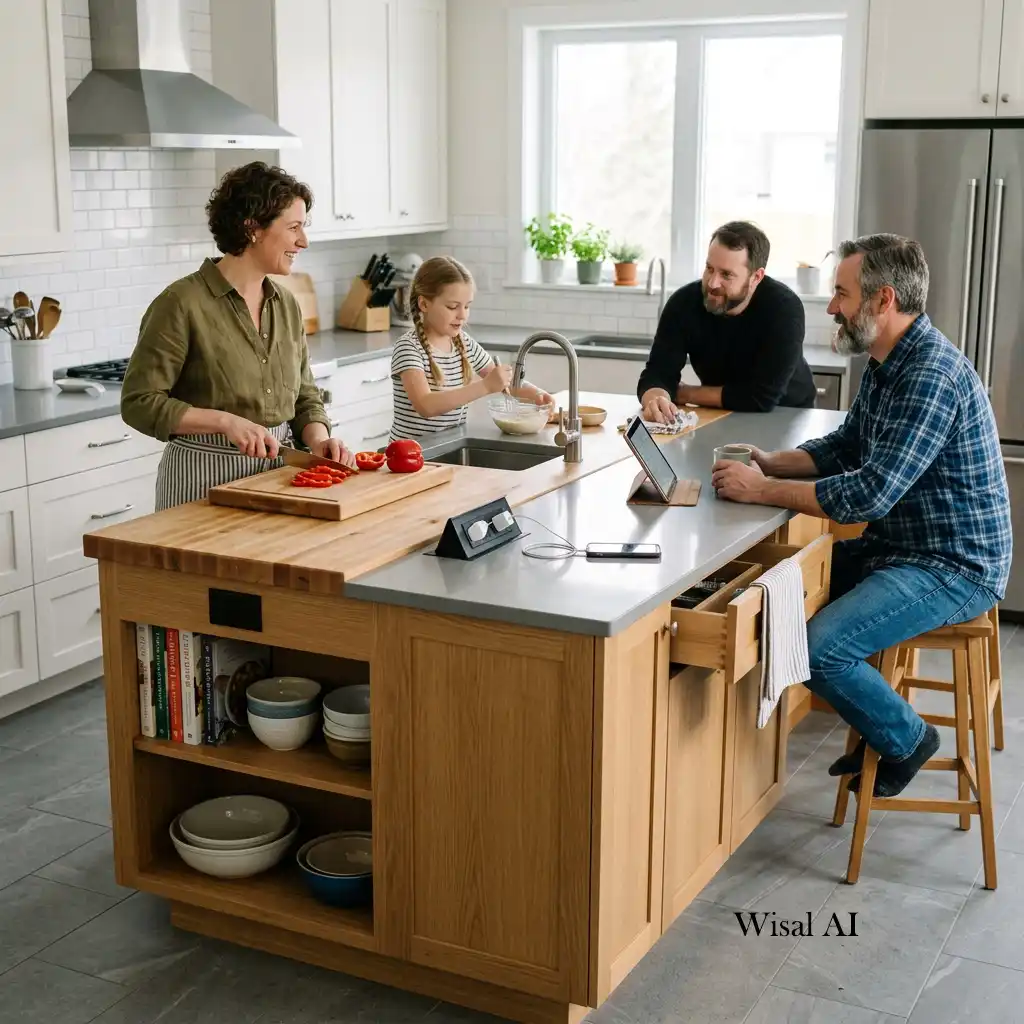 Spacious kitchen with a multifunctional island offering extra storage, seating, and food preparation space.