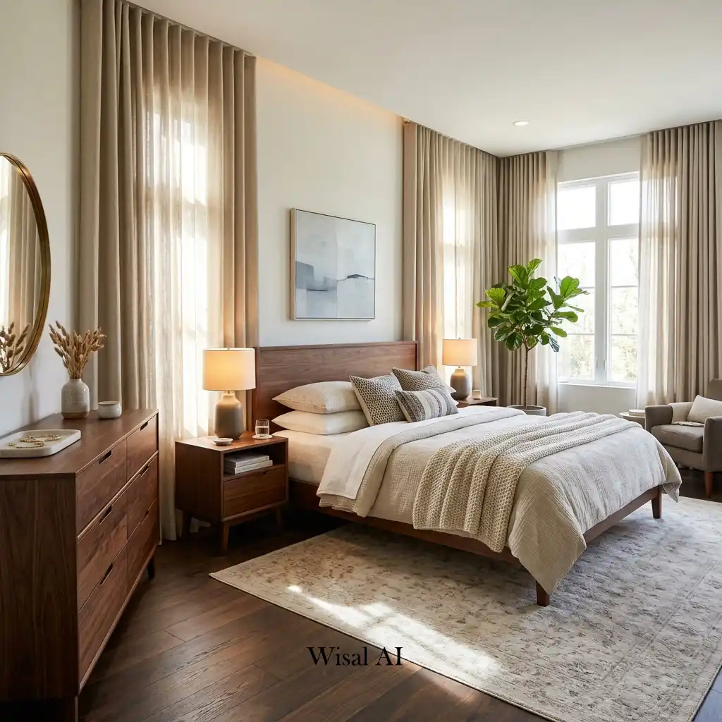 Dark wood bedroom featuring floor-to-ceiling linen curtains and walnut furniture.